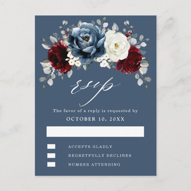 Cartão Postal Slate Blue Burgundy White Ivory Boho Wedho RSVP (Frente)