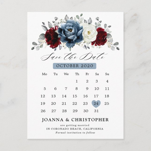 Cartão Postal Slate Blue Burgundy White Ivory Floral Casamento (Frente)