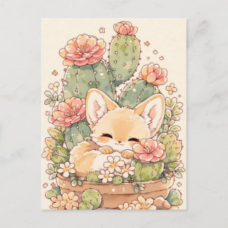 Cartão Postal Sleeping Apricot Cactus Pot Fennec Fox