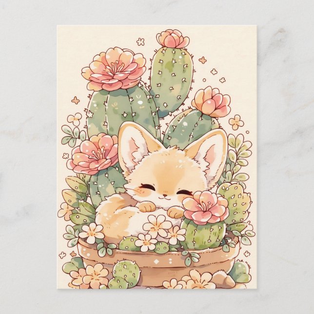 Cartão Postal Sleeping Apricot Cactus Pot Fennec Fox (Frente)
