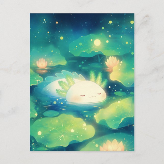 Cartão Postal Sleeping White Axolotl in Magical Night Lotus Pond (Frente)