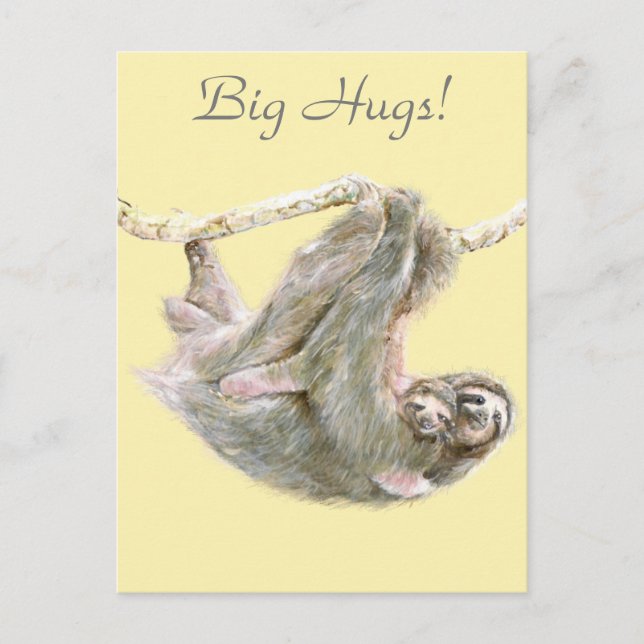 Cartão Postal Sloth, bebê com a mãe abraçando "Big Hugs" (Frente)