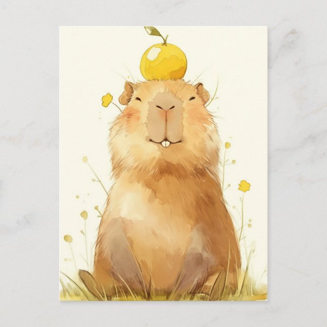 Cartão Postal Smiling Capybara with Yuzu Fruit on Head (Frente)