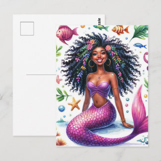 Cartão Postal Smiling Dark-Skinned Mermaid With Pink Tail