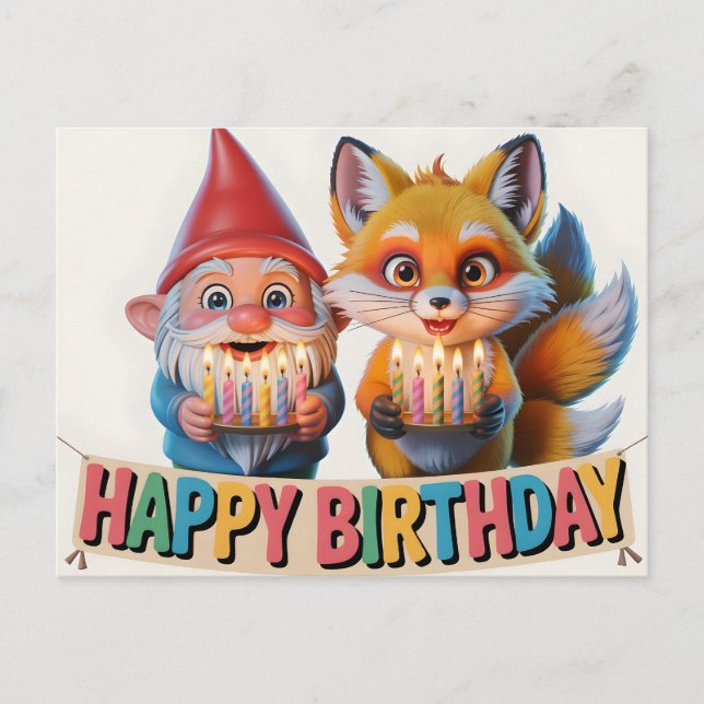 Cartão Postal Smiling Jardim Gnome e Fox Cub Aniversário  (Frente)