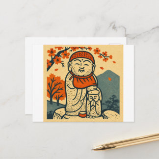 Cartão Postal Smiling Jizo Guardian – Japanese Folk Art