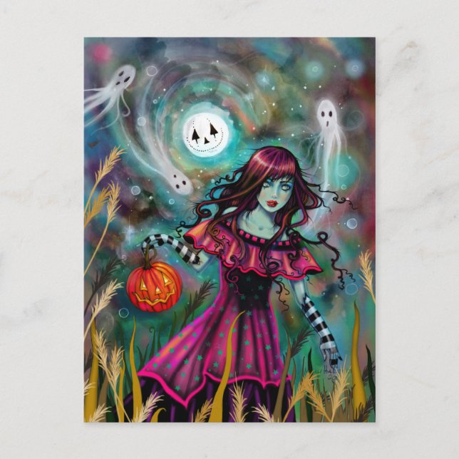 Cartão Postal Smilly Moon Halloween Fantasy Art de Molly H (Frente)