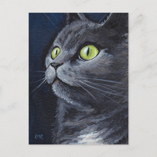 Cartão Postal Smokey | Retrato de Gato de Cinza Azul Verde (Frente)
