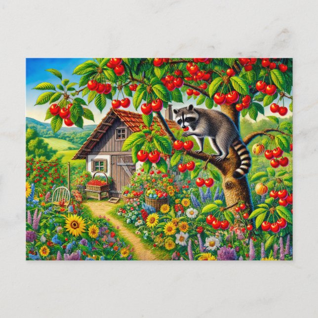 Cartão Postal Snacking de guaxinim em cerejas na antiga árvore c (Frente)