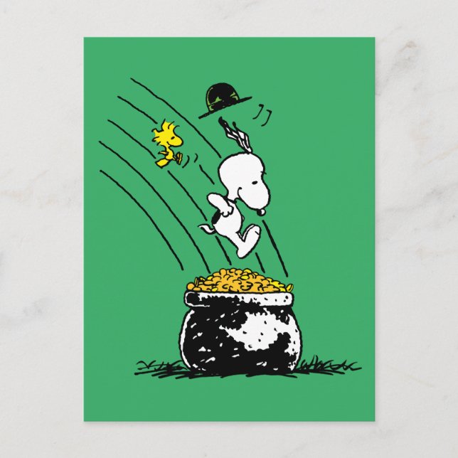 Cartão Postal Snoopy pulando em Pote de Dourado (Frente)