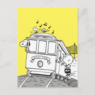 Cartão Postal Snoopy, Woodstock, & Charlie Brown em um carrinho