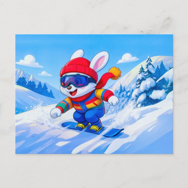 Cartão Postal Snow Hare Snowboarding on a Winter Mountain (Frente)