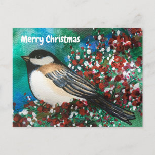 Cartão Postal Snowberry Chickadee Forest Feliz Natal