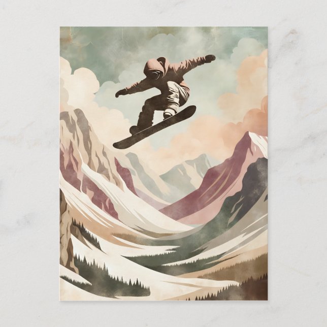 Cartão Postal Snowboarder a desfrutar das montanhas Snowy (Frente)