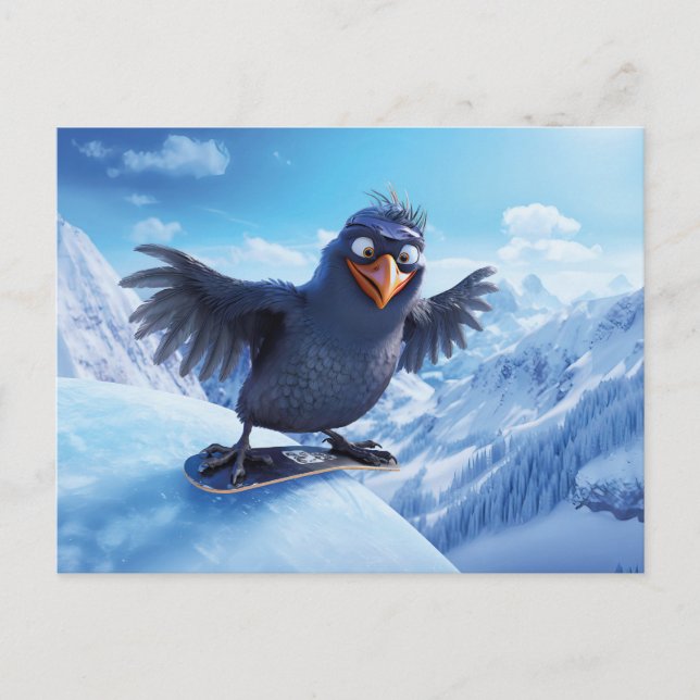 Cartão Postal Snowboarding Raven In Winter Toon Style (Frente)