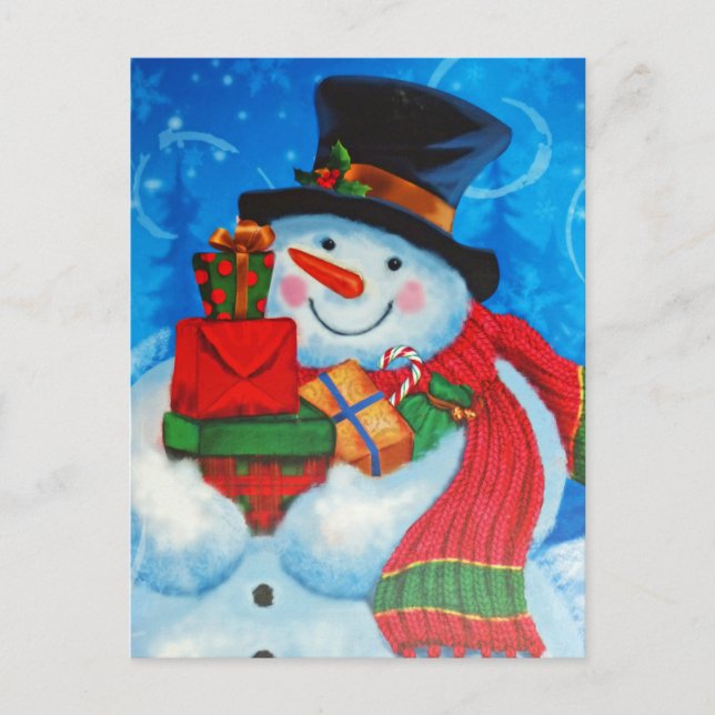 Cartão Postal Snowman a carregar presentes (Frente)