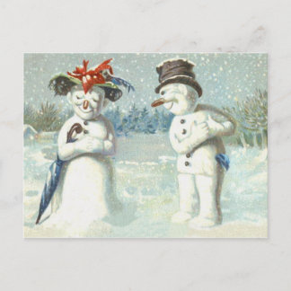 Cartão Postal Snowman Casal Winter Snow Field