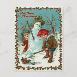 Cartão Postal Snowman Children Snow Holly