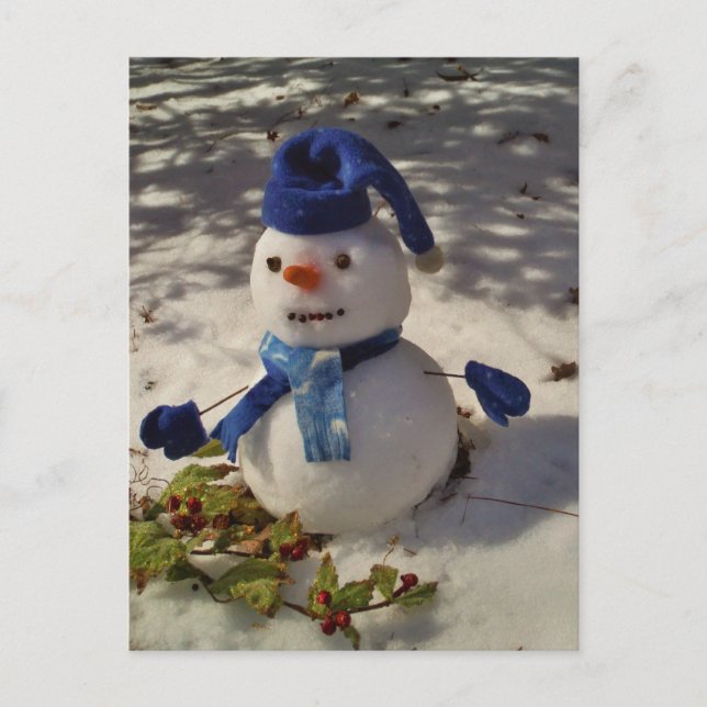 Cartão Postal Snowman com Blue Hat e Scarf (Frente)