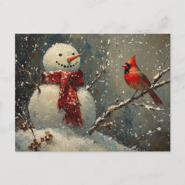 Cartão Postal Snowman e uma pintura a óleo cardeal (Frente)