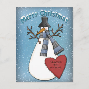 Cartão Postal Snowman engraçado com chapéu e cachecol