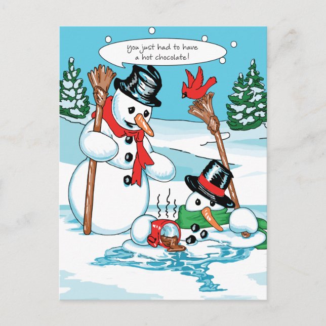 Cartão Postal Snowman engraçado com um desenho animado de chocol (Frente)