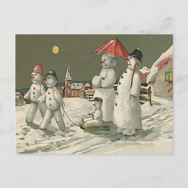 Cartão Postal Snowman Family Winter Tocando Neve Church (Frente)