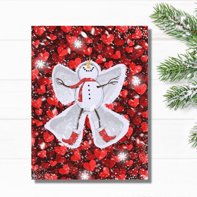 Cartão Postal Snowman Fazer a Snow Angel on Red Hearts Winter (Criador carregado)