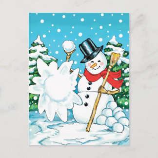 Cartão Postal Snowman jogando uma bola de neve no inverno!