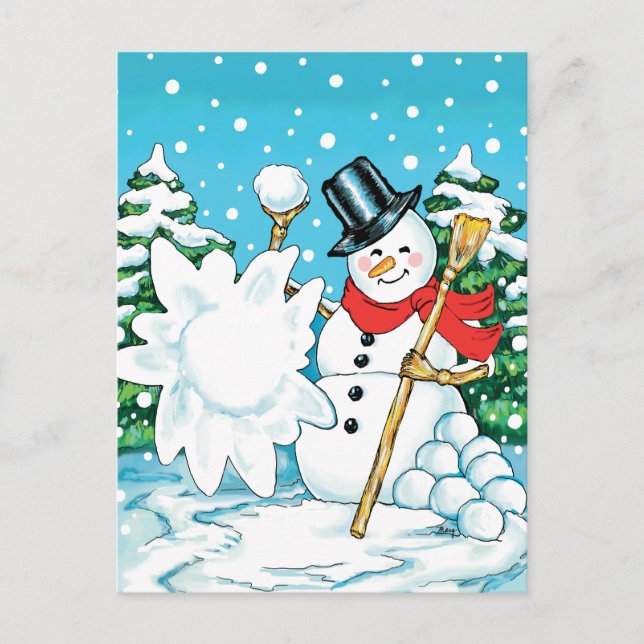 Cartão Postal Snowman jogando uma bola de neve no inverno! (Frente)