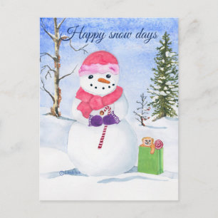 Cartão Postal Snowman, um cachecol cor-de-rosa, dias de neve fel