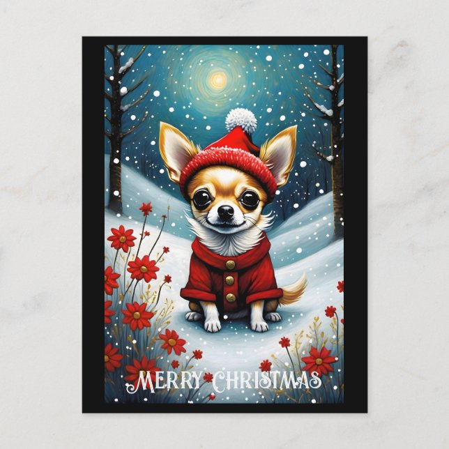 Cartão Postal Snowy Cute Chihuahua Papais noeis Florais Natal (Frente)