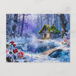 Cartão Postal Snowy Enchanted Forest Cottage with Bridge and Glo