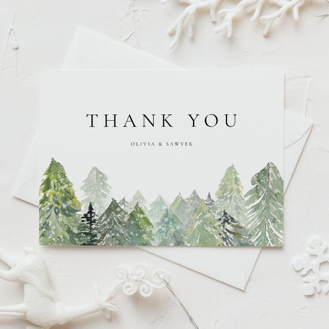 Cartão Postal Snowy Evergreen Forest Casamento no inverno Obriga (Wedding thank you postcard with snowy watercolor pine forest, perfect for winter and rustic events.)