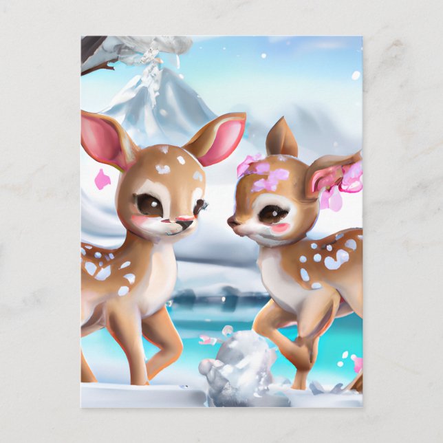Cartão Postal Snowy Fawn perseguindo em uma paisagem colorida (Frente)