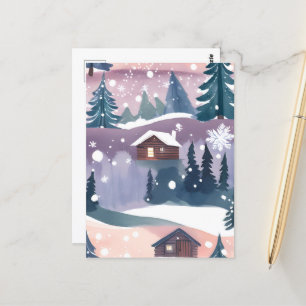 Cartão Postal Snowy Mountain Cabin Watercolor
