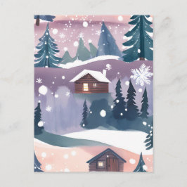 Cartão Postal Snowy Mountain Cabin Watercolor