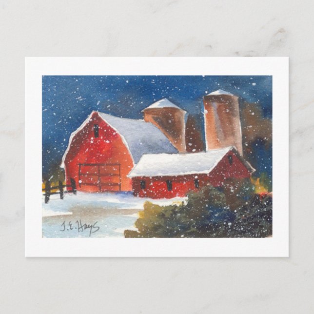 Cartão Postal Snowy Noite Barns & Silos (Frente)