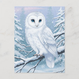 Cartão Postal Snowy Owl in Winter Forest Watercolor Postcard