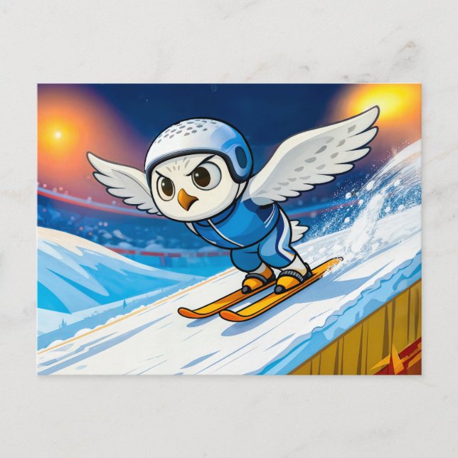 Cartão Postal Snowy Owl Ski Jumping from a Winter Ski Ramp (Frente)