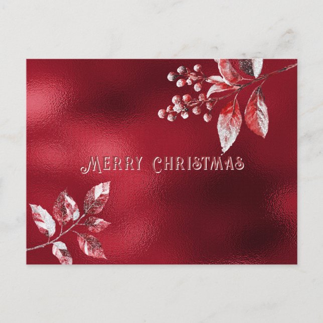Cartão Postal Snowy Red Leaves Christmas Holiday (Frente)