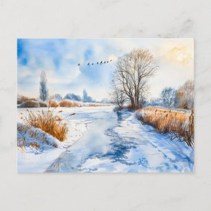 Cartão Postal Snowy Riverbank em Winter Havelland Watercolor