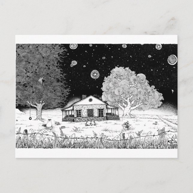 Cartão Postal Sob Caneta de estrelas e ilustração de tinta (Frente)