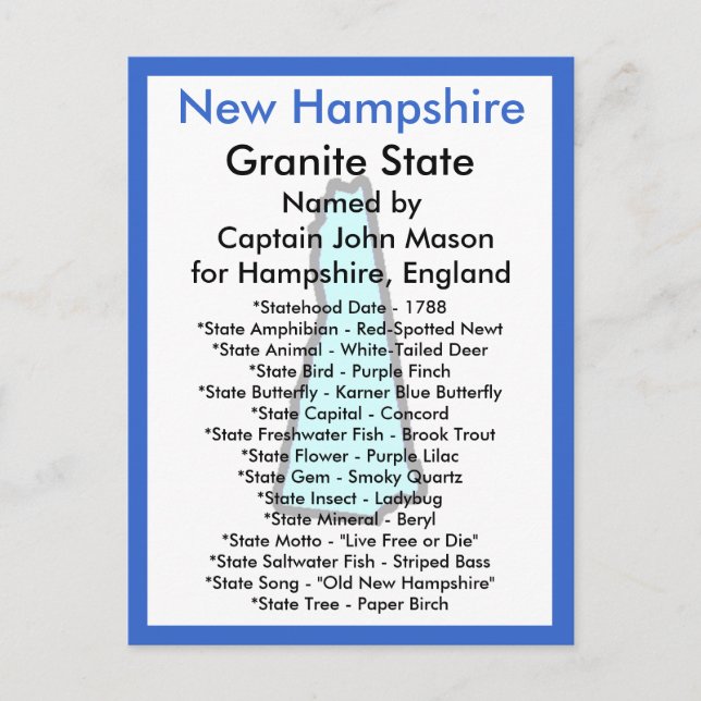 Cartão Postal Sobre New Hampshire (Frente)