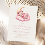 Cartão Postal Sobre o Chá de fraldas de Garota Rosa-Rosa do Urso<br><div class="desc">Este cartão-postal de convite para chá de fraldas de vassoura bonito apresenta um doce ursinho de água-coloração em uma camisola e boné cor-de-rosa, dormindo em uma nuvem rosa, com uma lua crescente de ouro para seu travesseiro. Abaixo, as palavras "sobre a lua" aparecem em guiões rosa. Personalize o texto com...</div>