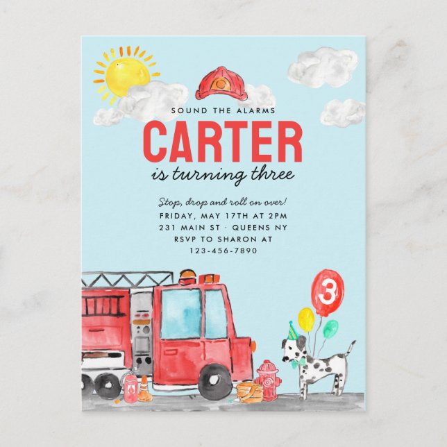 Cartão Postal Soe o aniversário do bombeiro de alarme (Frente)