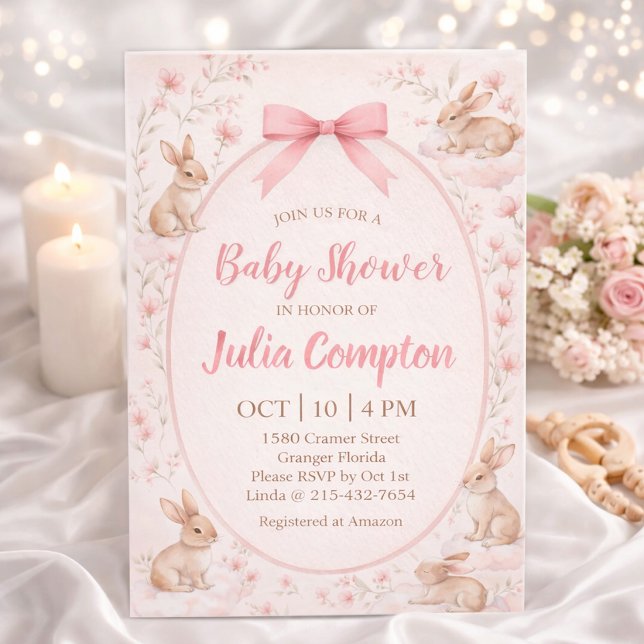 Cartão Postal Soft Floral Bunny Baby Shower Invitation  (Criador carregado)