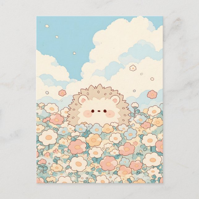Cartão Postal Soft Peach Meadow Kawaii Hedgehog (Frente)