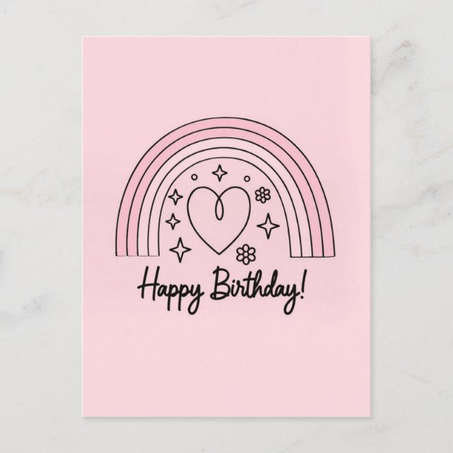 Cartão Postal Soft pink minimalist heart with rainbow birthday (Frente)