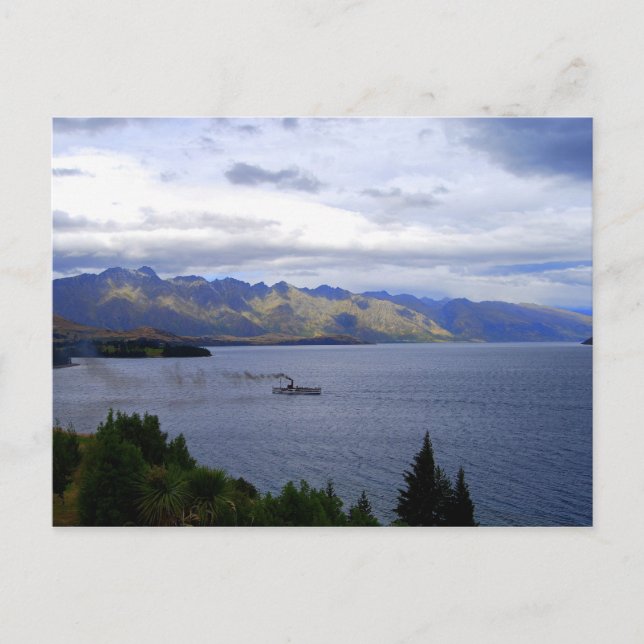 Cartão Postal Soja SS no lago Wakatipu, Queenstown, Nova Zelândi (Frente)